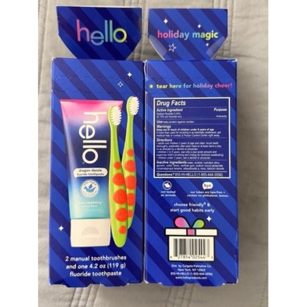 Hello Kids Toothpaste & Toothbrush Set Blue Raspberry Dragon Dazzle 2pk NEW - Picture 2 of 2